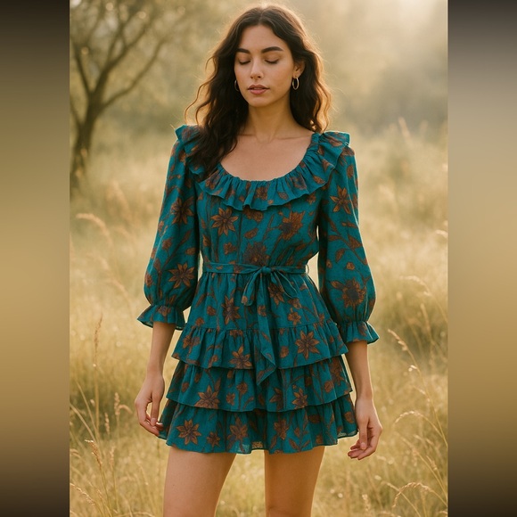 Ulla Johnson Blue Floral Ruffle Mini Dress XS Boho Romantic Party Tiered Layers - Picture 1 of 5